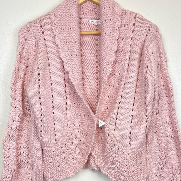 VINTAGE ANTHROPOLOGIE X TWIGGY Y2K WOOL BLEND KNIT CARDIGAN BISHOP SLEEVE LARGE - Picture 4 of 10